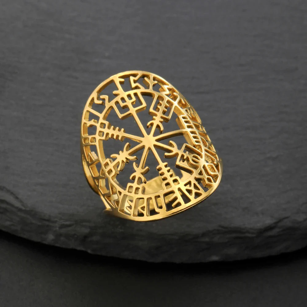 Vegvisir Ring Viking Rune Compass Gold