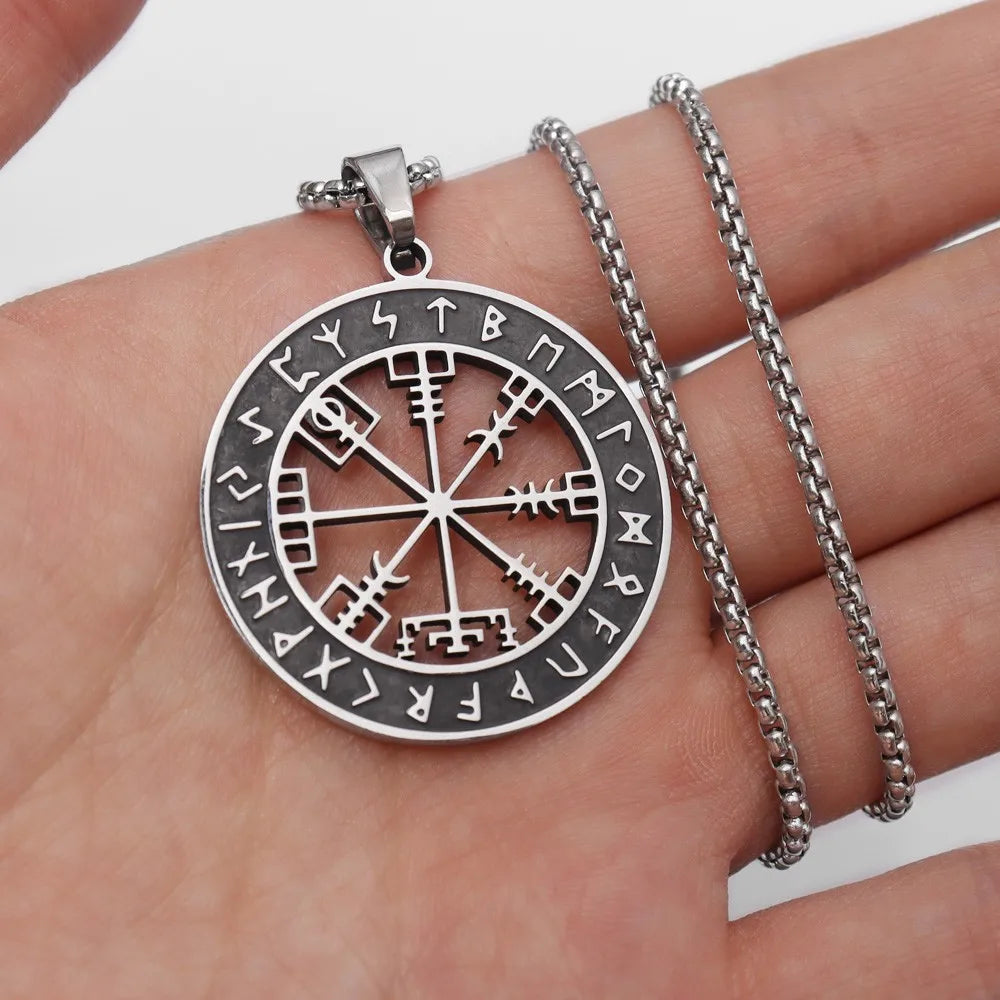 Silver Viking Vegvisir Compass Necklace Pendant
