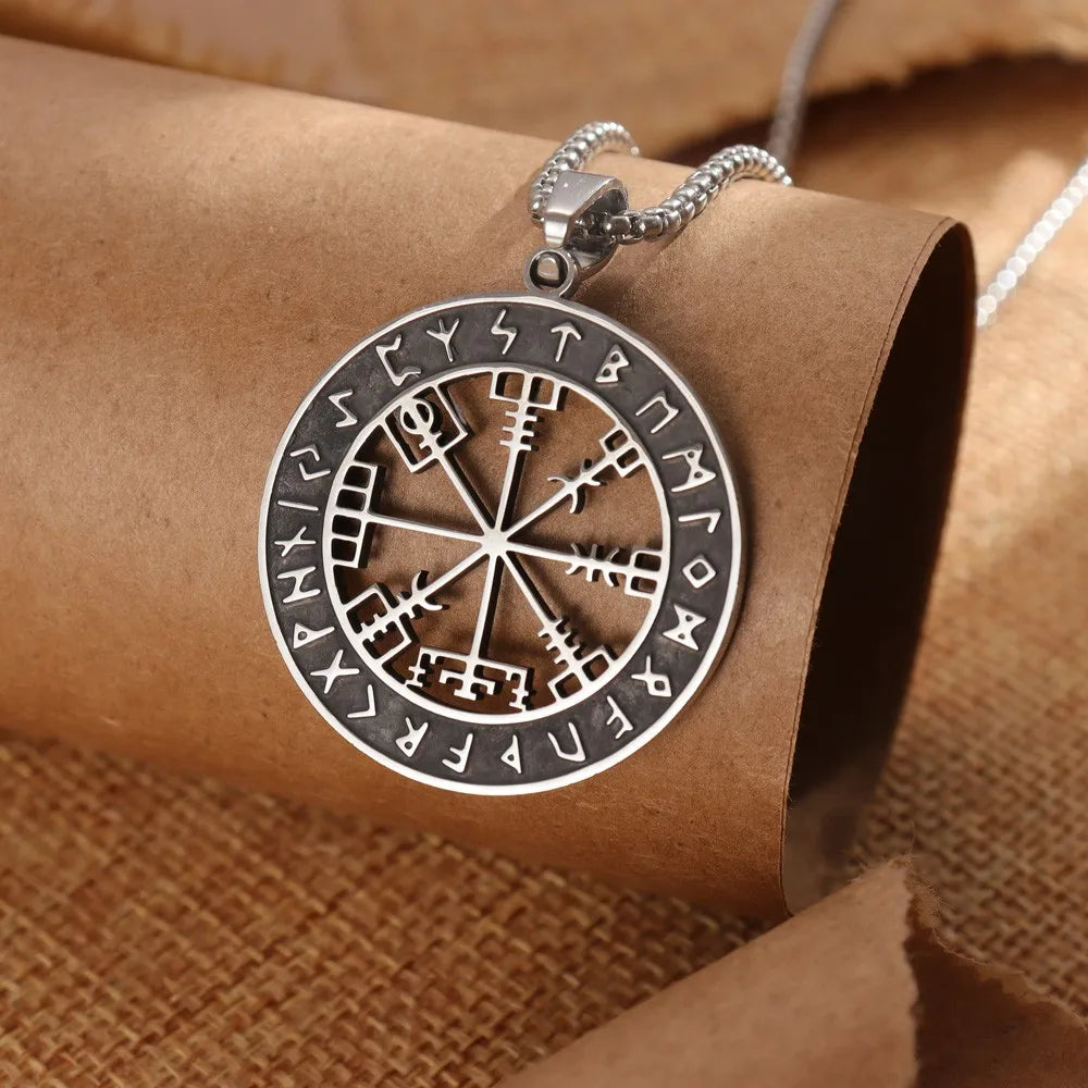 Black and Silver Viking Vegvisir Compass Necklace Pendant