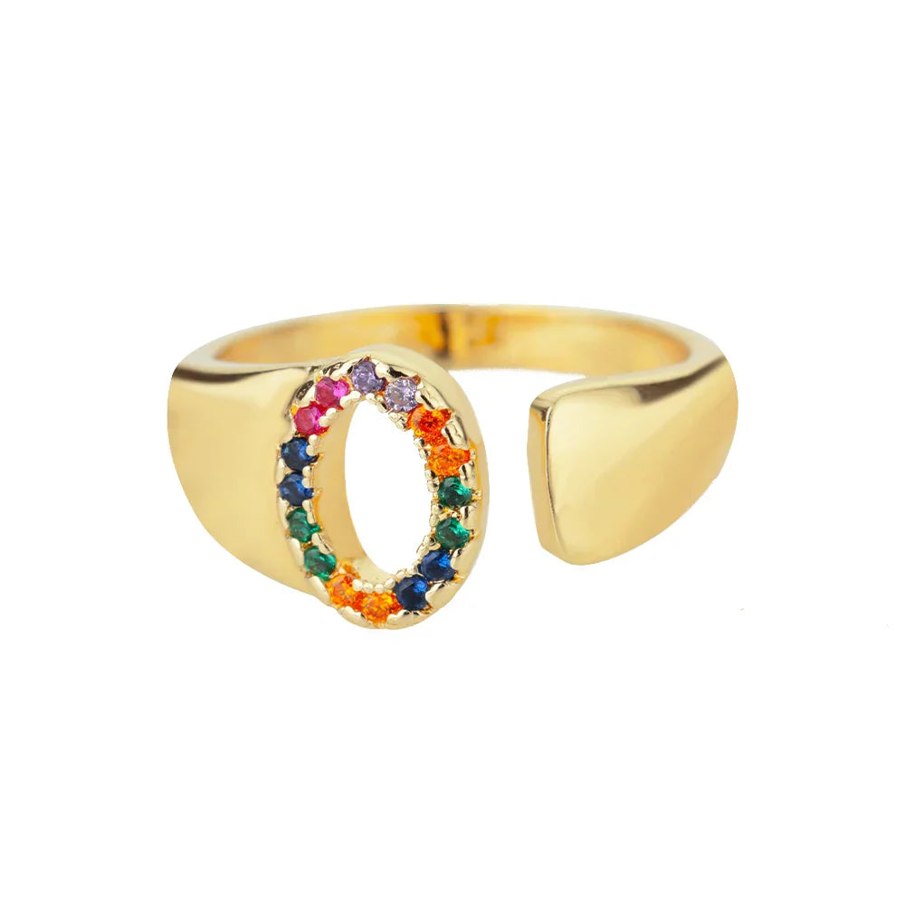 Wide personalized ring with rainbow initial o