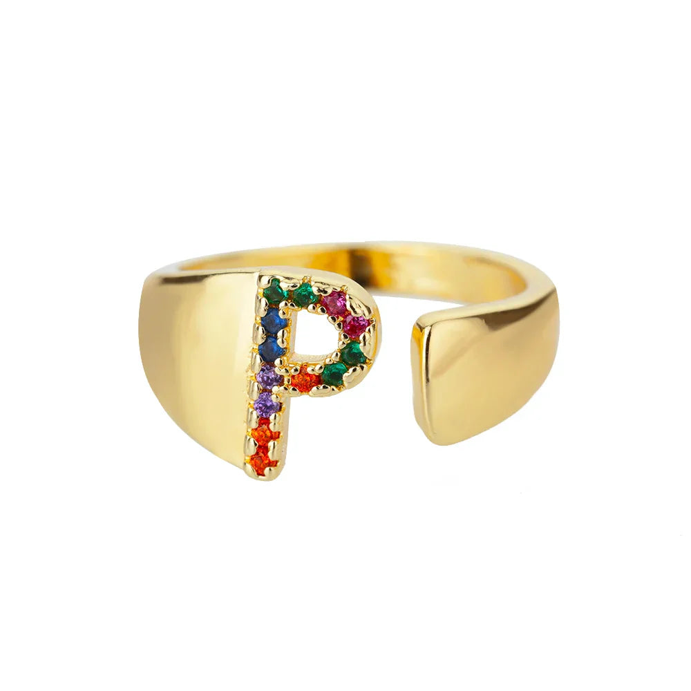 Wide personalized ring with rainbow initial p