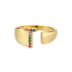 Wide personalized ring with rainbow initial t