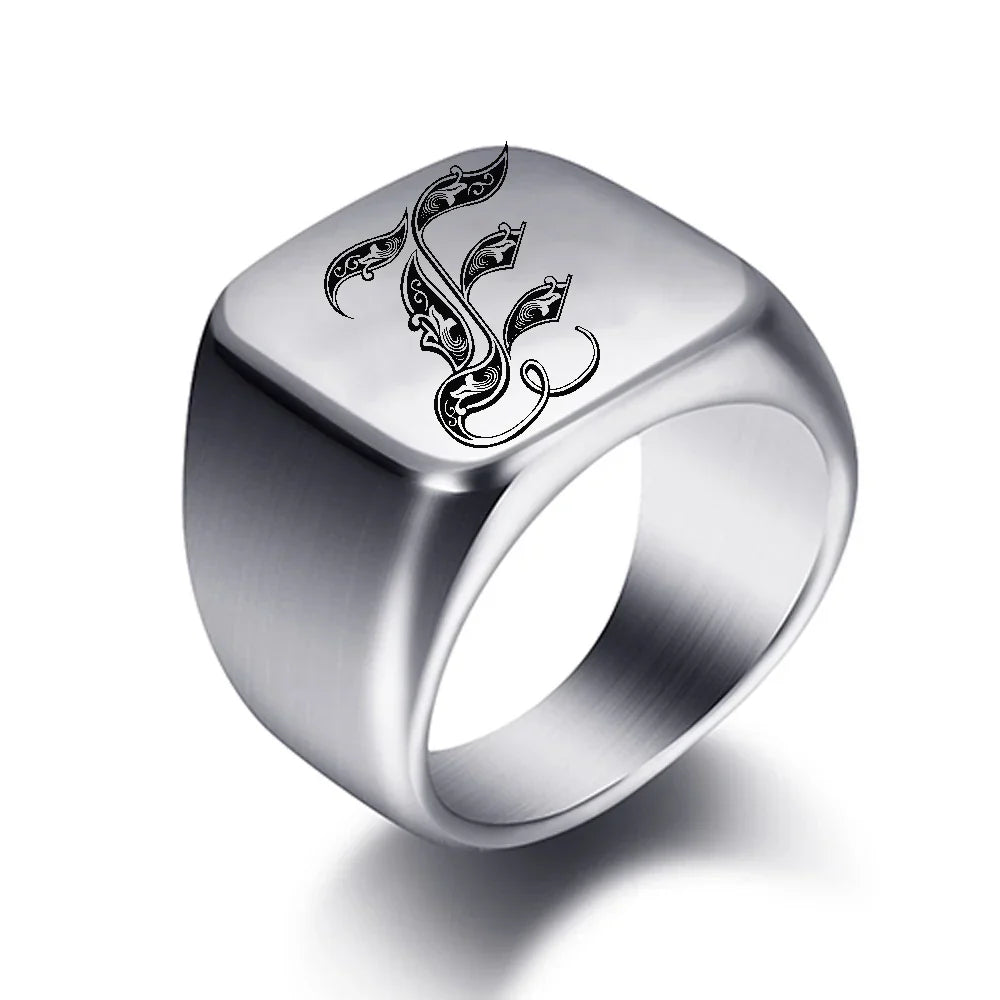 Wide men's ring initial e