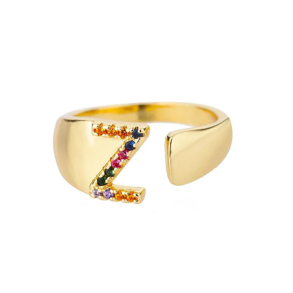 Wide personalized ring with rainbow initial z