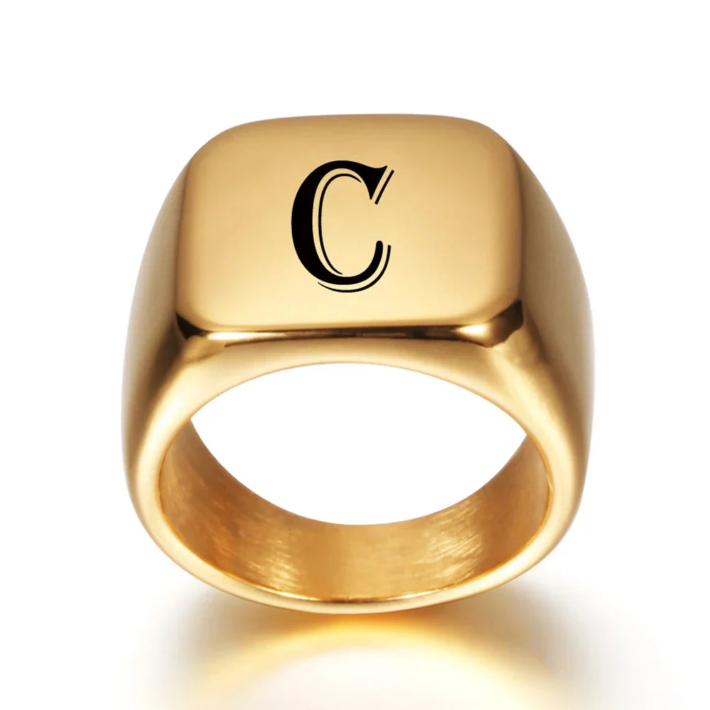 Wide personalized men’s ring with initial C
