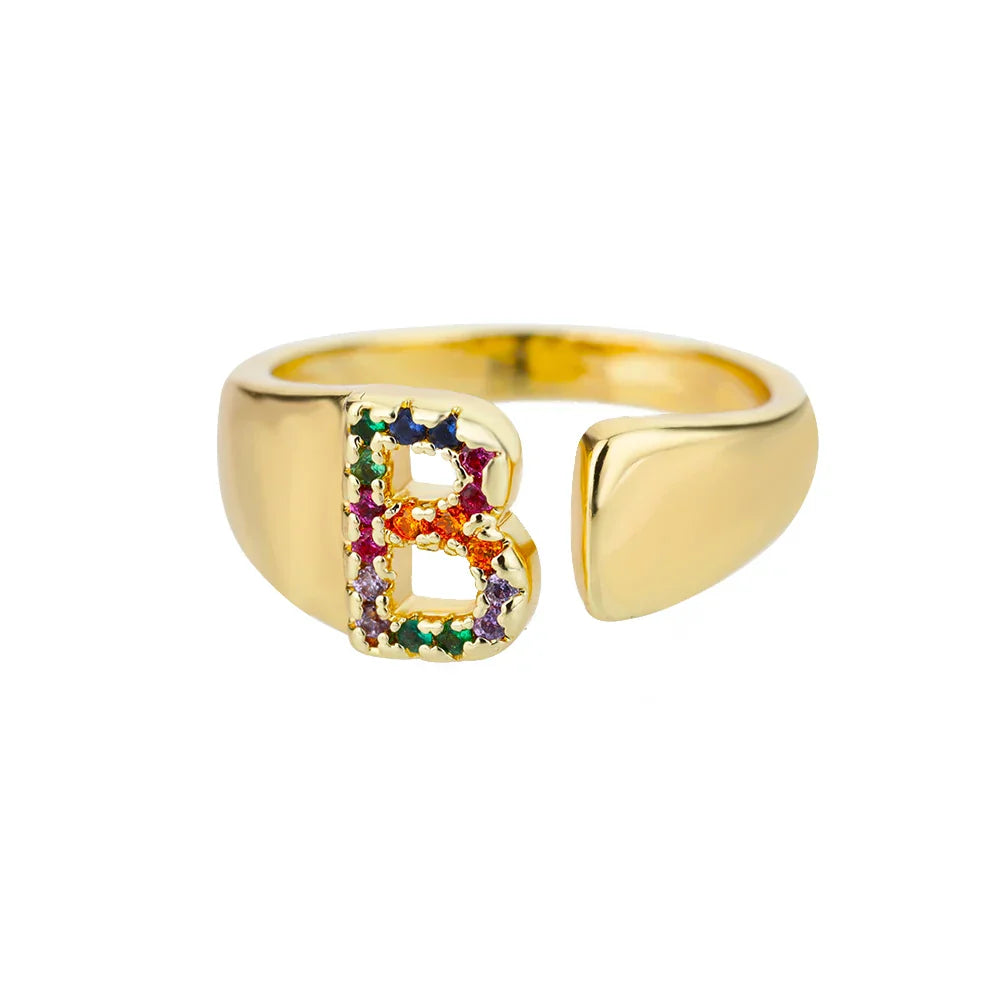 Wide personalized ring with rainbow initial b