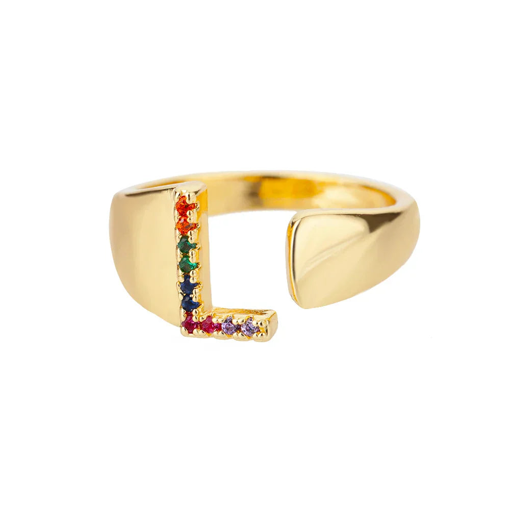 Wide personalized ring with rainbow initial l
