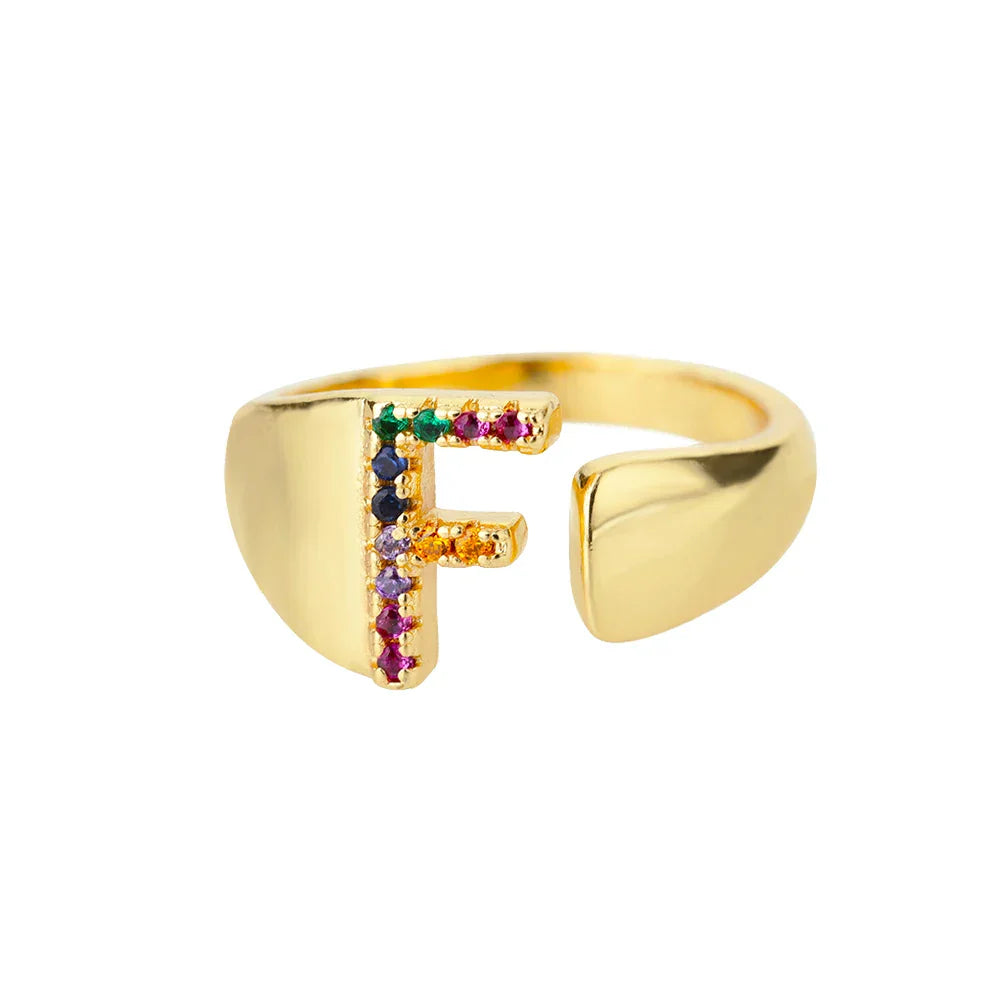 Wide personalized ring with rainbow initial f