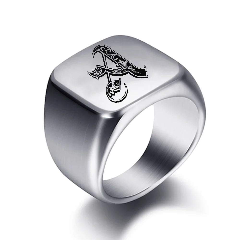 Wide men's ring initial a
