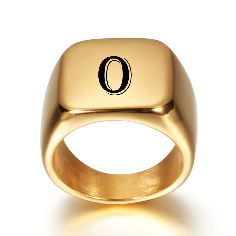 Wide personalized men’s ring with initial O