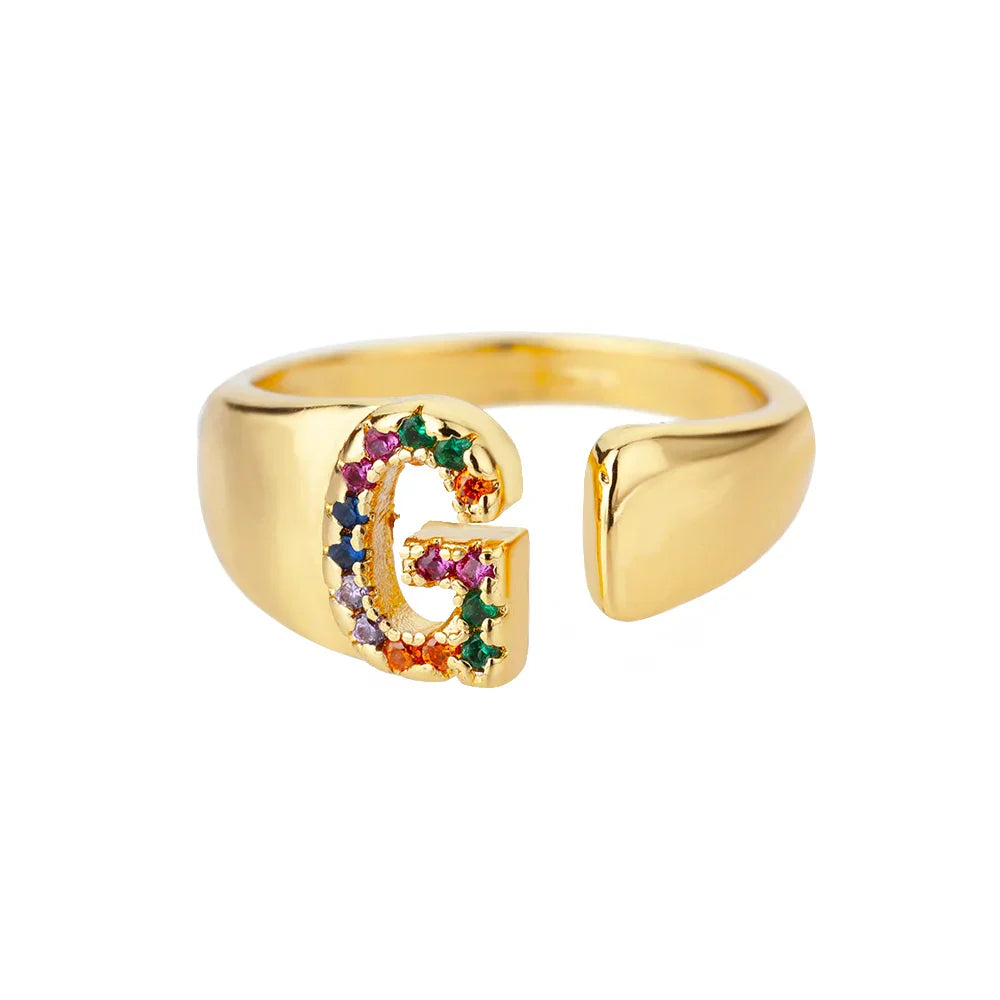Wide personalized ring with rainbow initial g