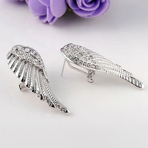 Silver rhinestone angel wing dangling earrings