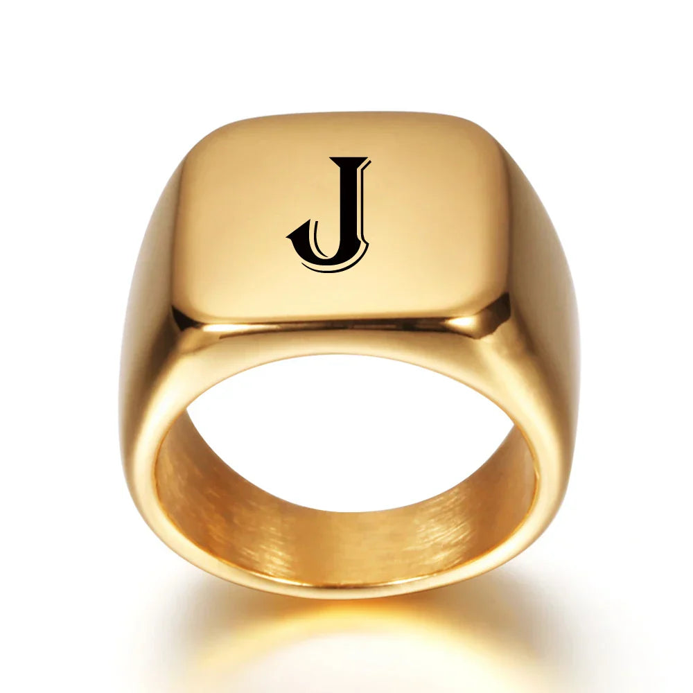 Wide personalized men’s ring with initial J