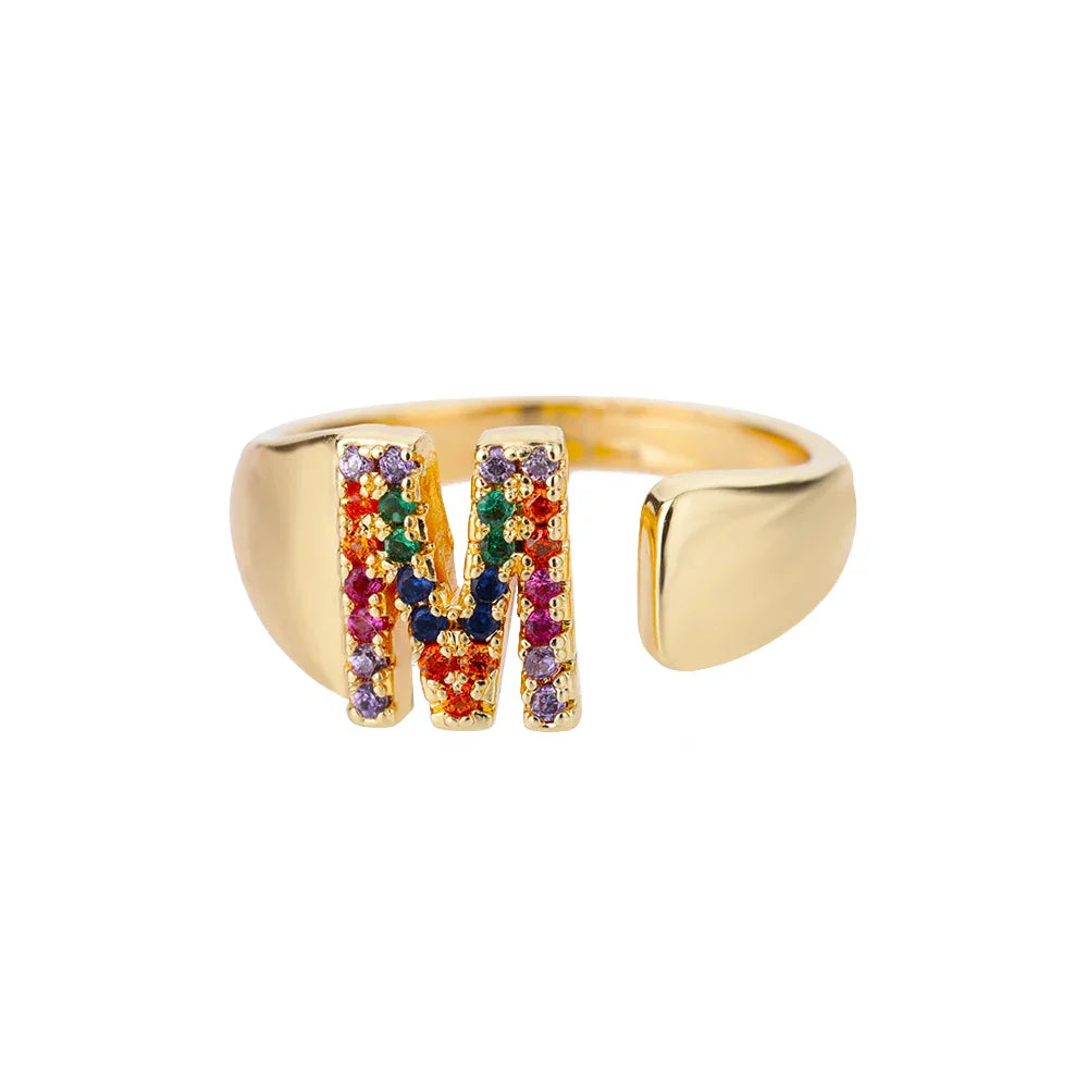 Wide personalized ring with rainbow initial m