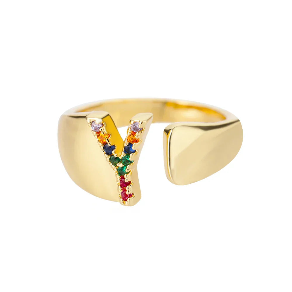 Wide personalized ring with rainbow initial y