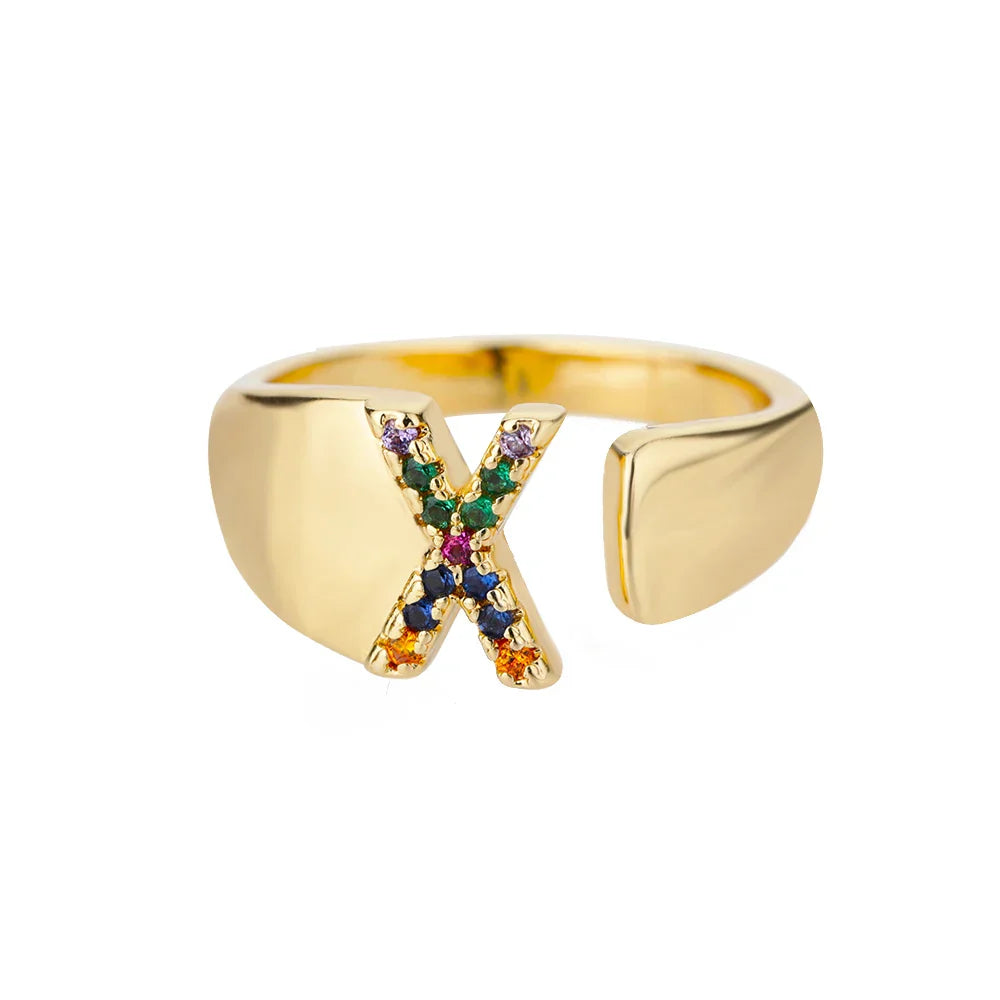 Wide personalized ring with rainbow initial x