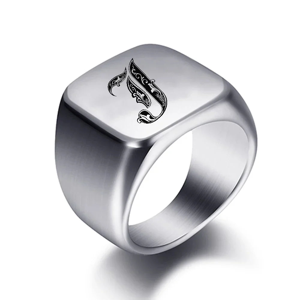 Wide men's ring initial j