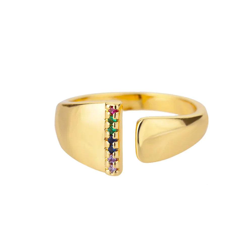 Wide personalized ring with rainbow initial i