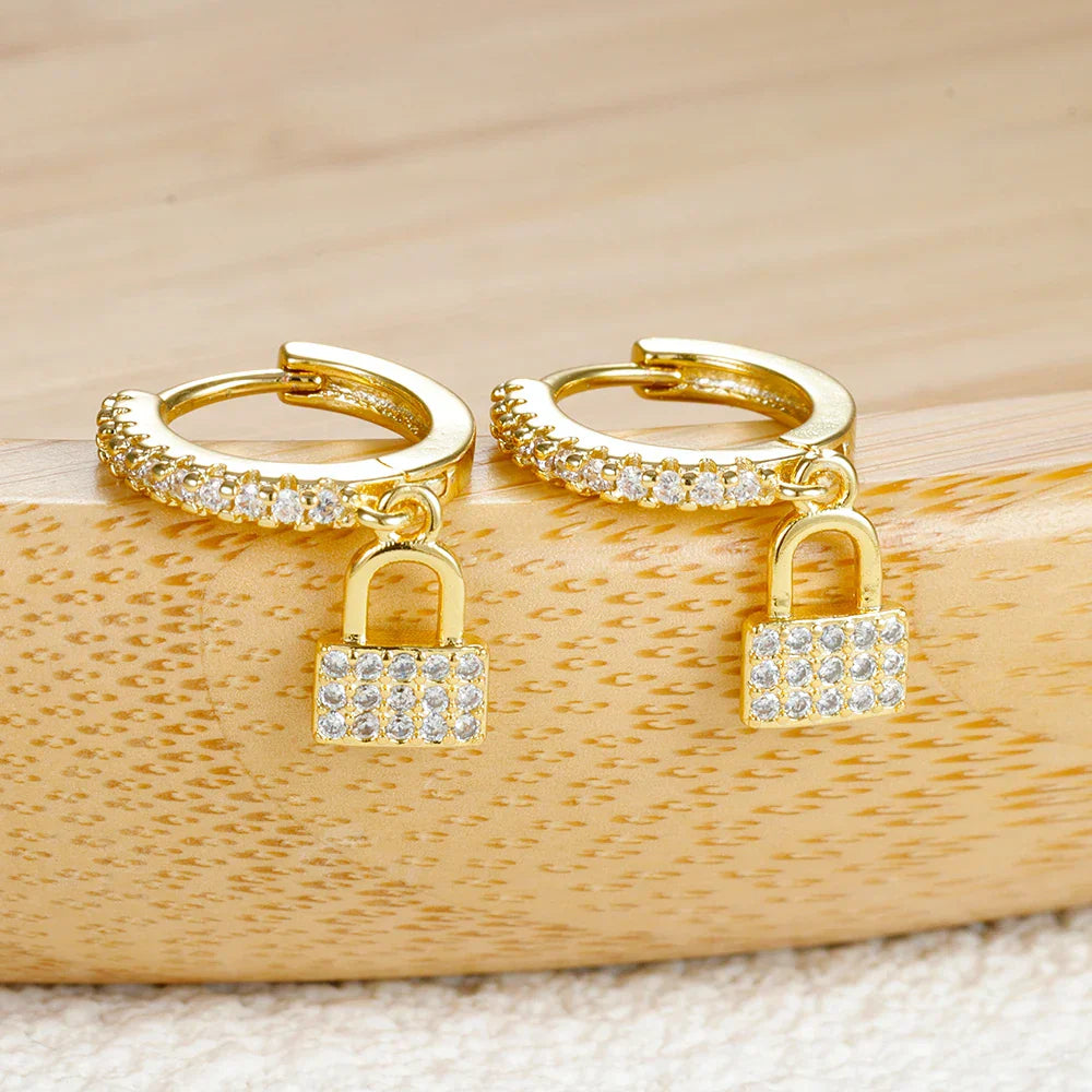 Key and lock hoop earrings with rhinestones gold