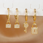 Key and lock hoop earrings with key and lock rhinestones gold
