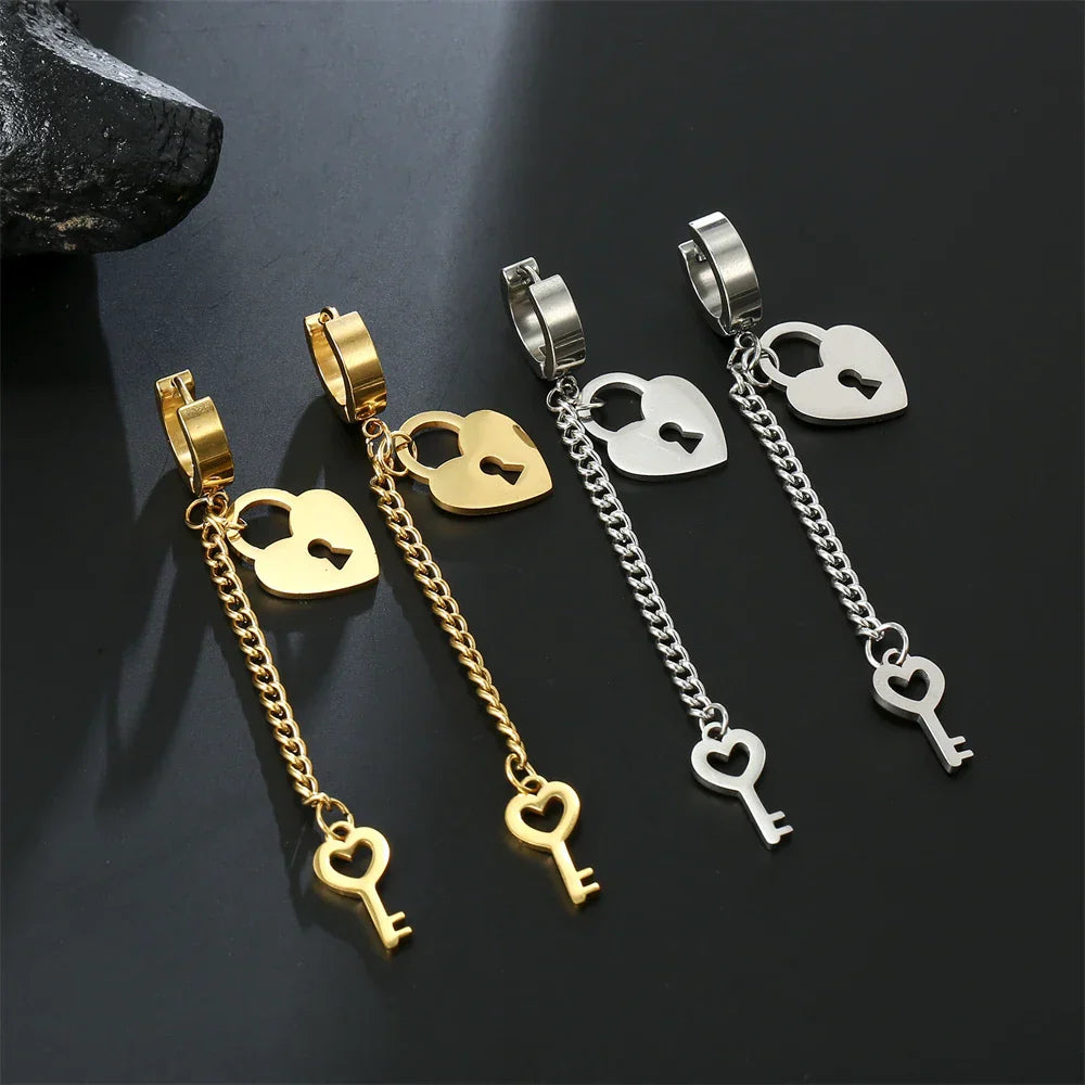 Gold key and lock drop earrings
