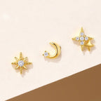 Crescent Moon and Stars Stud Earrings
