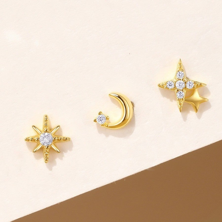Crescent Moon and Stars Stud Earrings