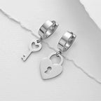 Silver key and padlock hoop earrings