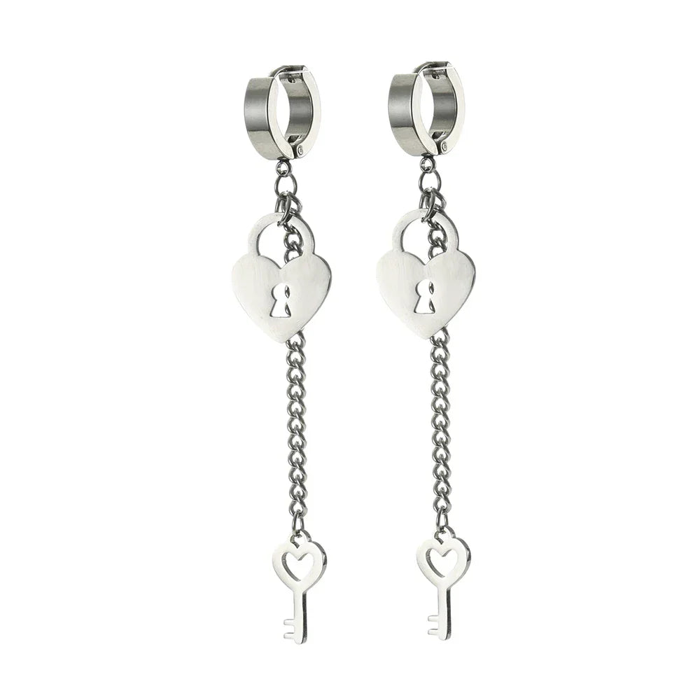 Silver key and lock drop earrings