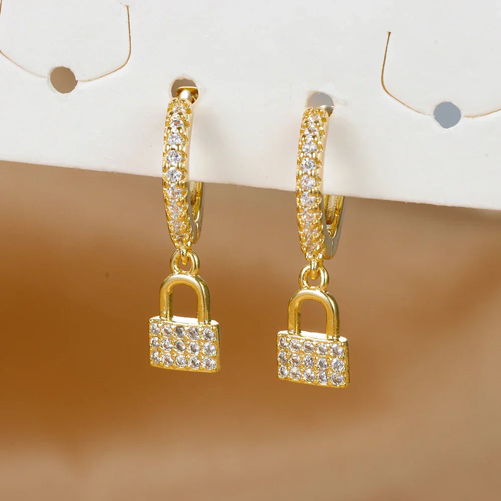 Key and lock hoop earrings with rhinestones gold