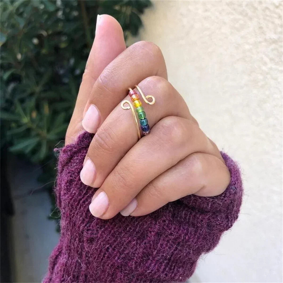 Bohemian-Style Anti-Stress Spinner Ring with Rotating Beads gold