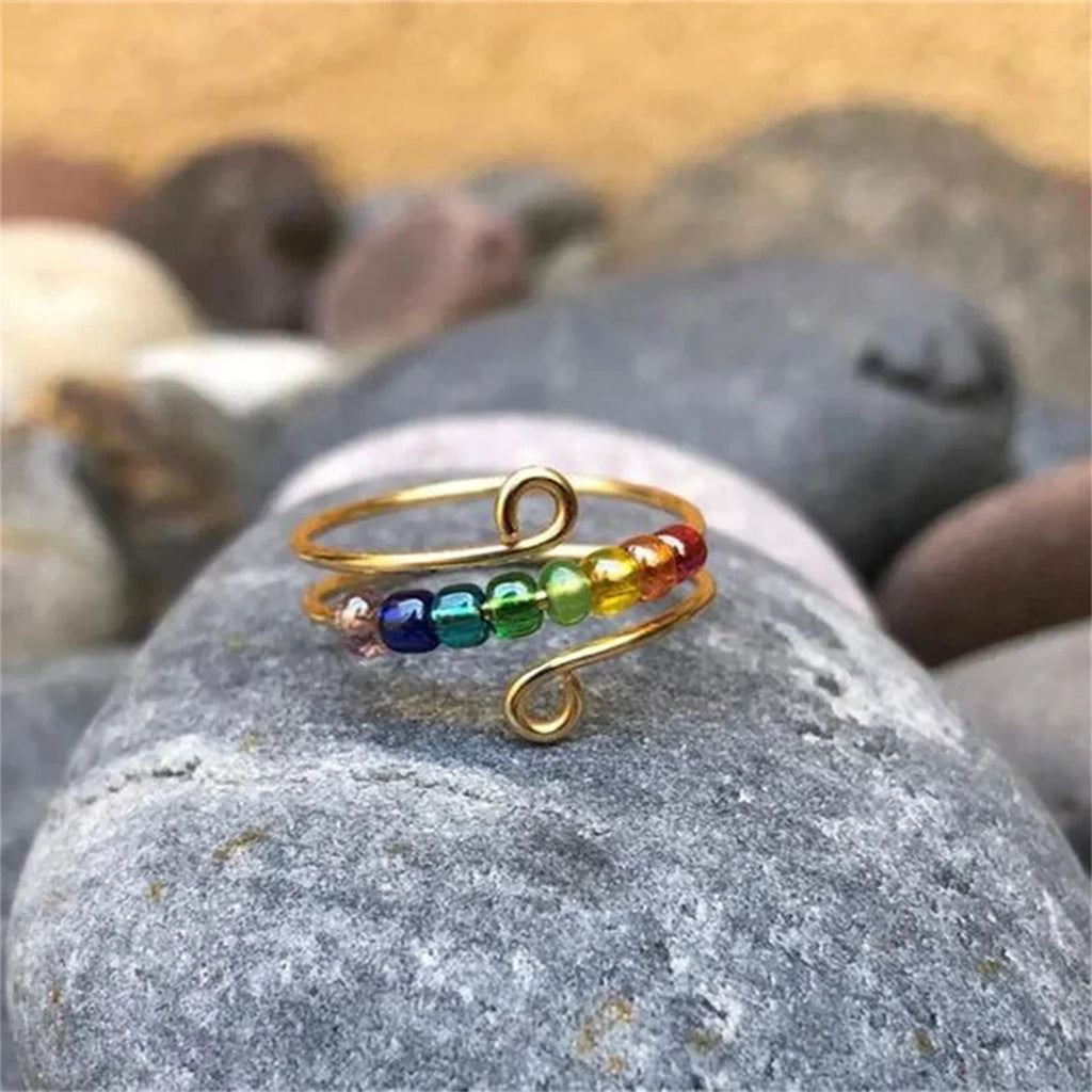 Bohemian-Style Anti-Stress Spinner Ring with Rotating Beads gold