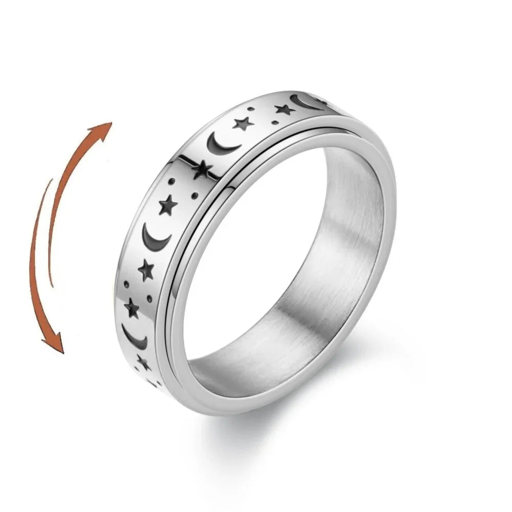Stress-Relief Spinner Ring Stars and Moons silver