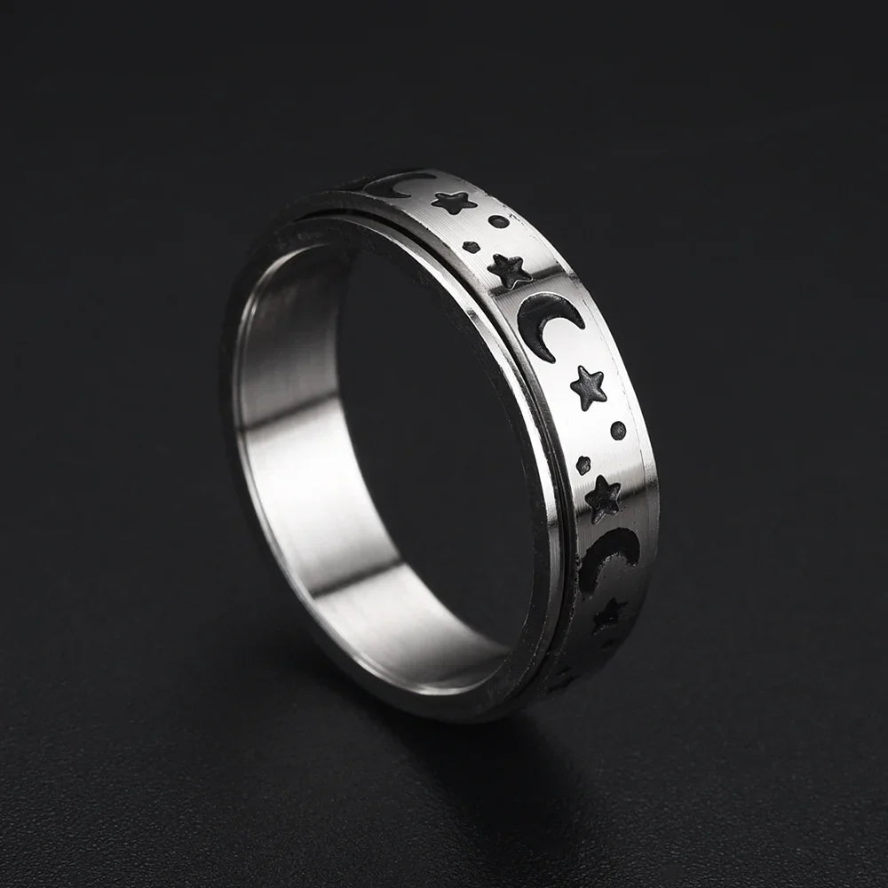 Stress-Relief Spinner Ring Stars and Moons silver