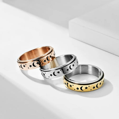 Stress-Relief Spinner Ring Stars and Moons silver