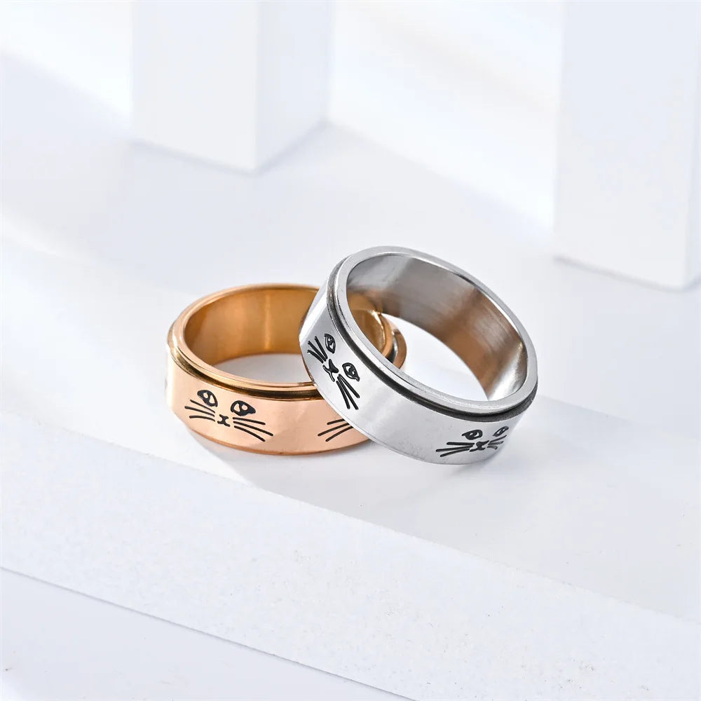 Silver Rotating Stress-Relief Cats Band Ring