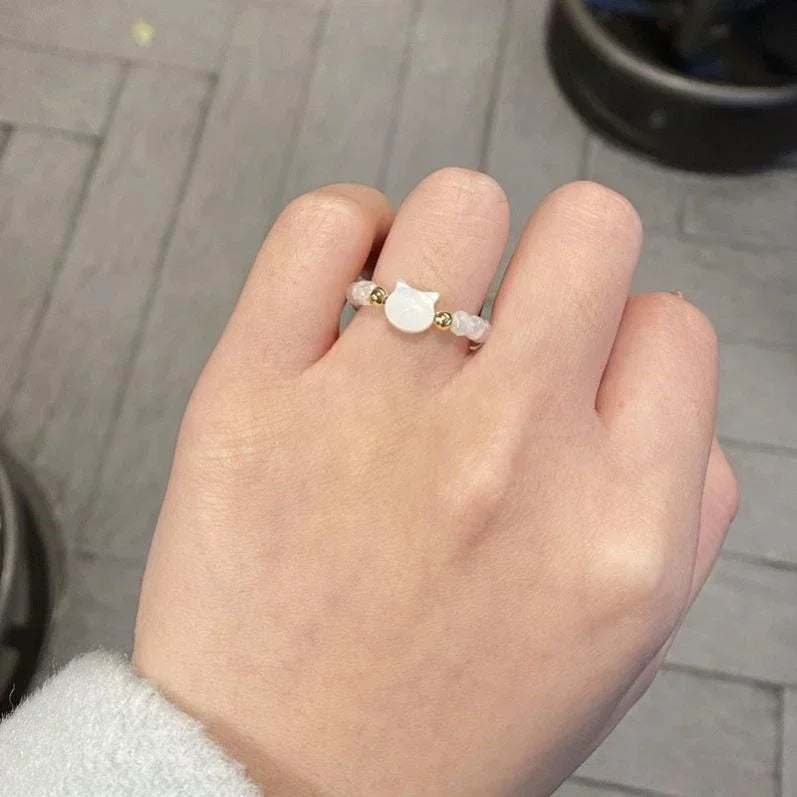 Cat Stone Band Ring White