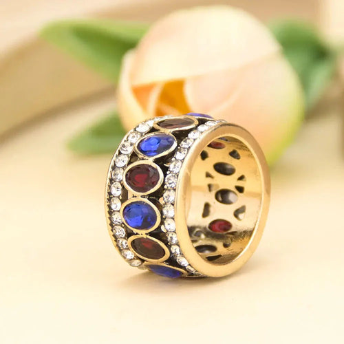 Oriental-style ethnic ring band in blue and red