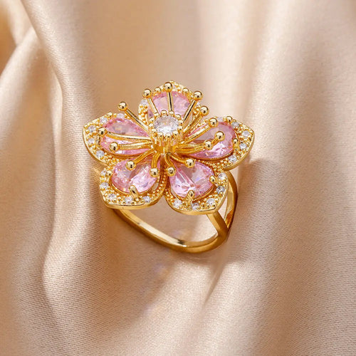 5-Petal Flower Ring with Pink Zircon