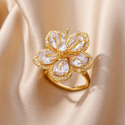 5-Petal Flower Ring with White Zircon