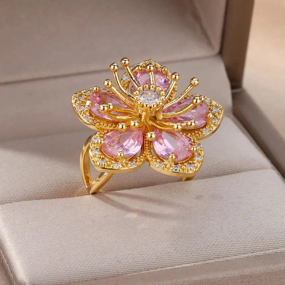 5-Petal Flower Ring with Pink Zircon