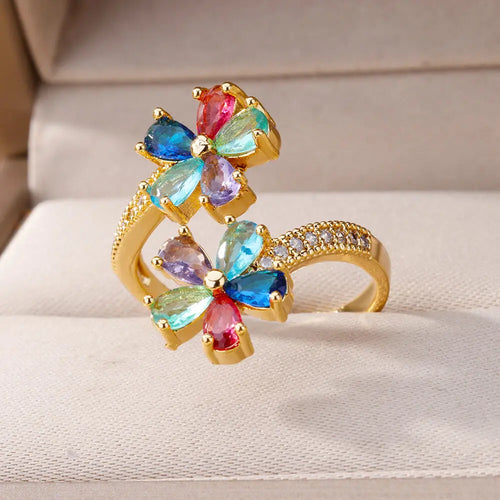 Colored Flower Zircon Ring Band in gold