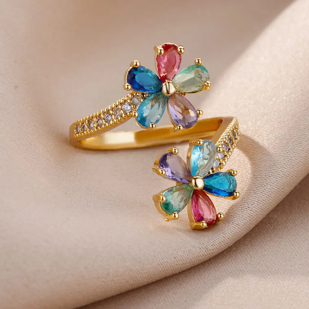 Colored Flower Zircon Ring Band in gold