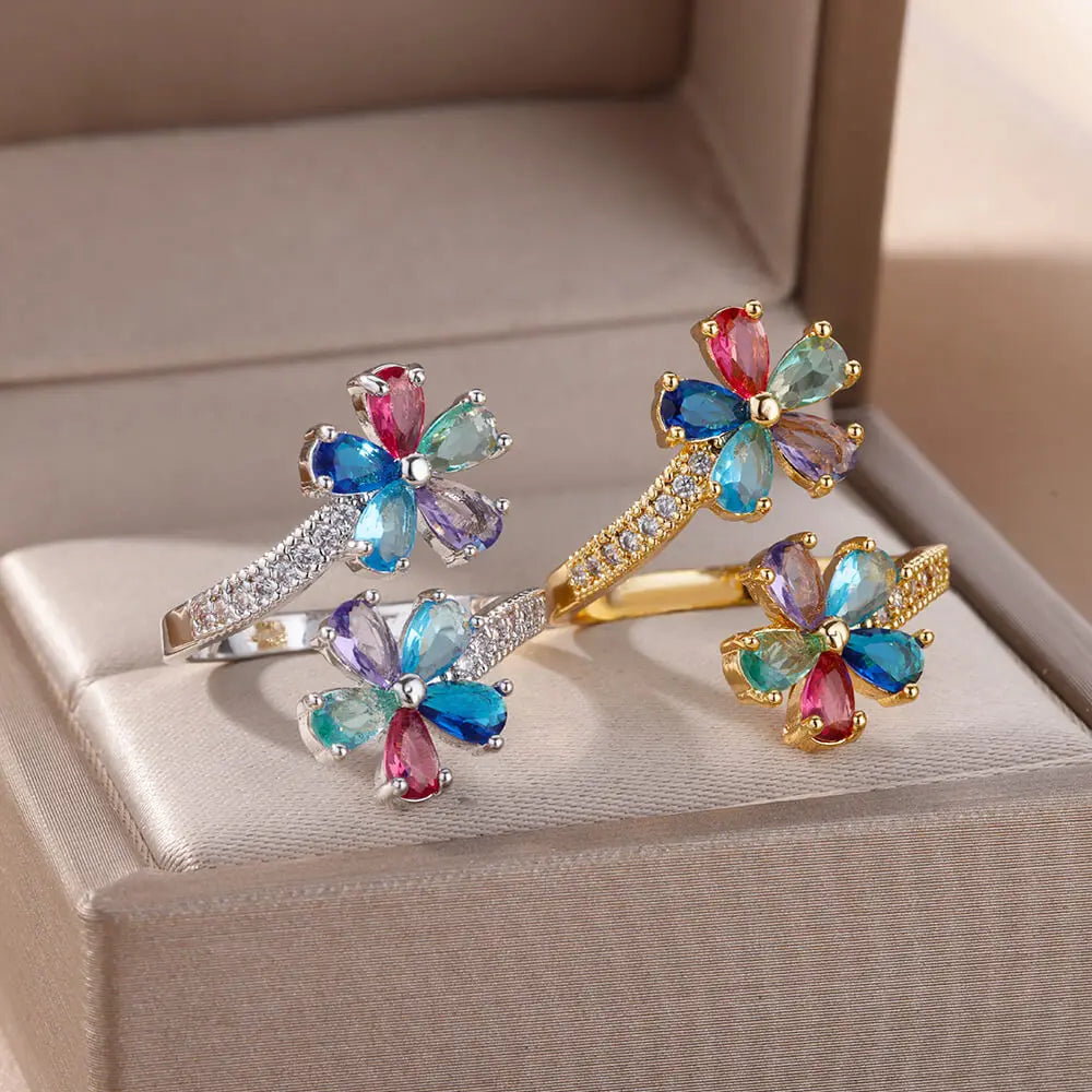 Colored Flower Zircon Ring Band in silver