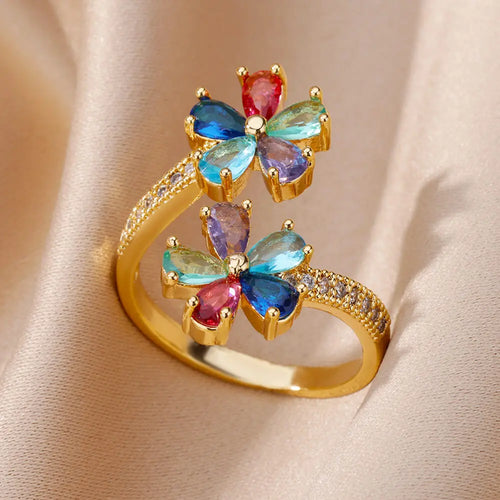 Colored Flower Zircon Ring Band in gold