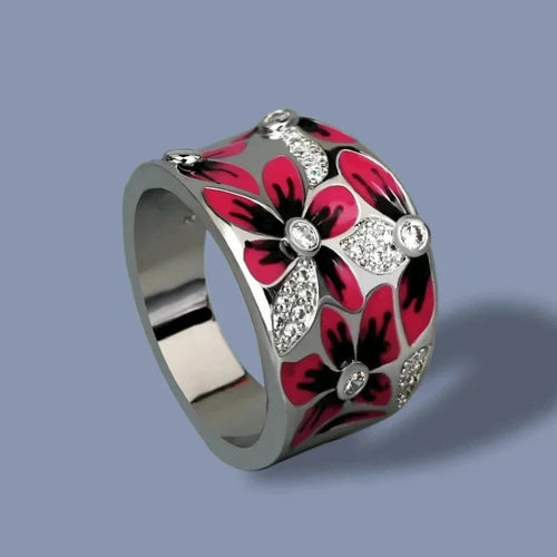 Red Flower Ring Band with Zircon