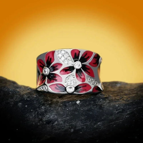 Red Flower Ring Band with Zircon