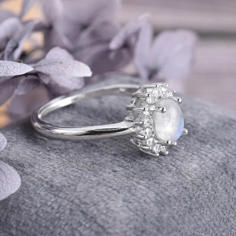 Oval Band Moonstone and Zircon Ring