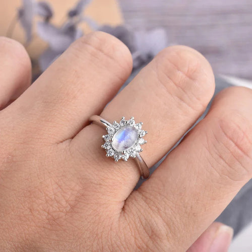Oval Band Moonstone and Zircon Ring