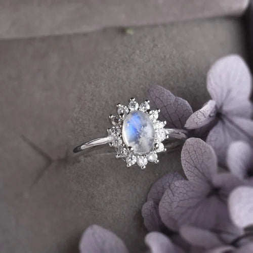 Oval Band Moonstone and Zircon Ring